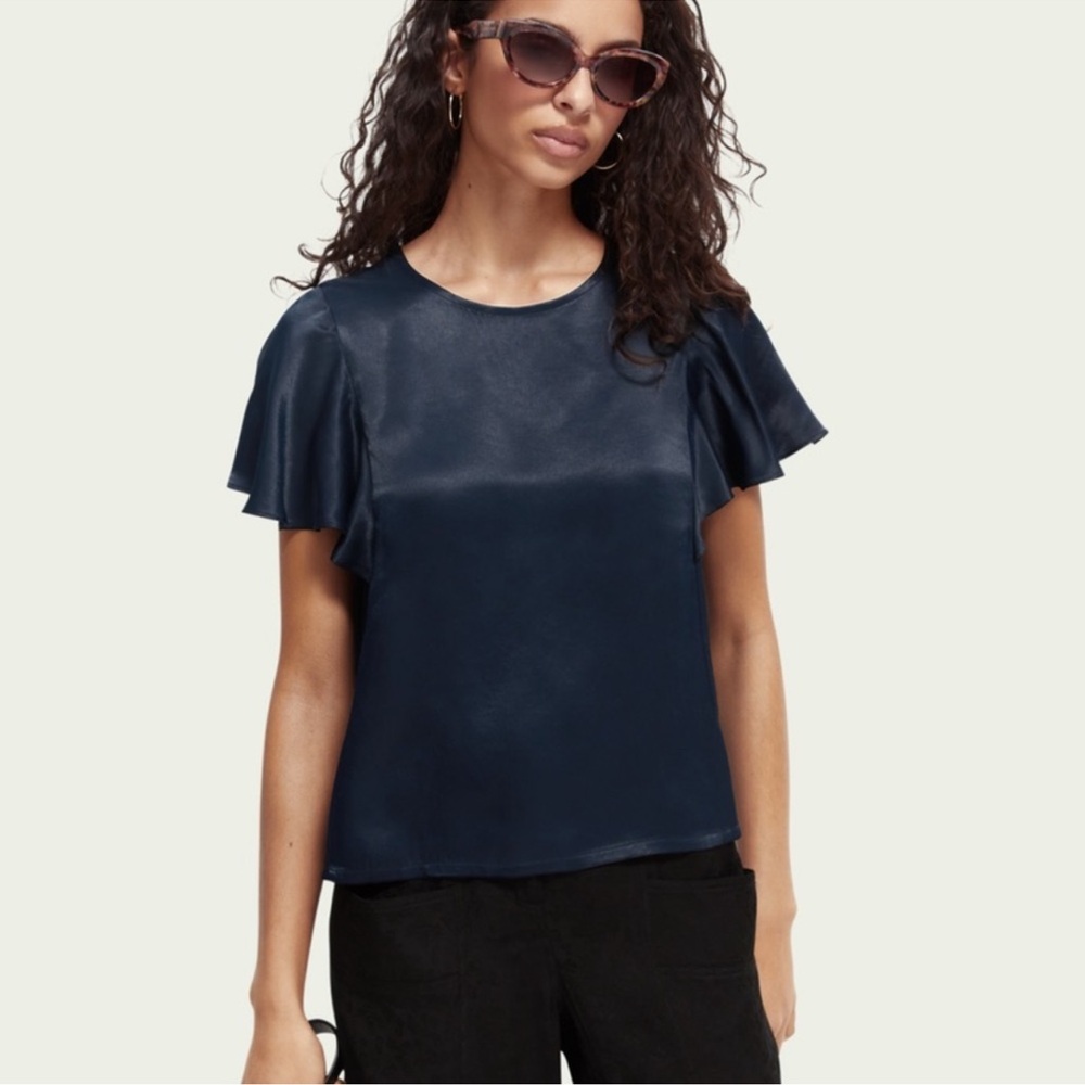 Scotch and soda Elegant navy Ruffle puff Sleeve Top navy blue Flounce Sleeves